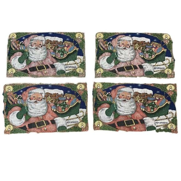 Vintage 4 Travis Spencer Christmas Placemats Santa Claus Tapestry Frayed Edges - Picture 1 of 5
